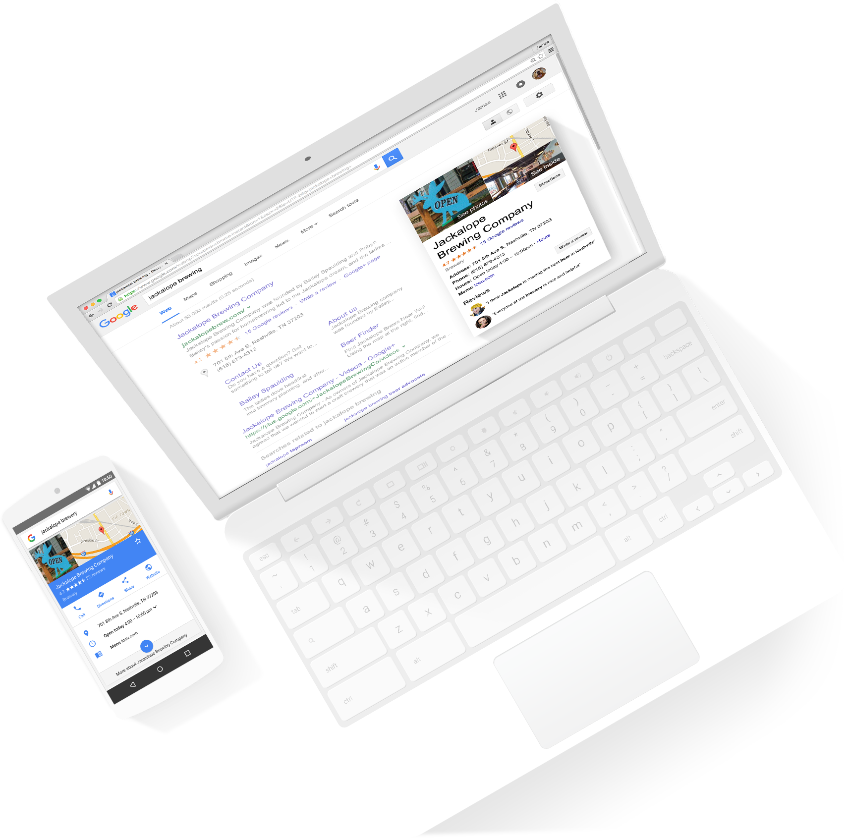Fördelarna med Google business för hur din sida visas i SERPen (bild på dator och mobil, från Google Business)